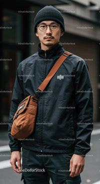 Casual Young Man in Black Jacket and Beanie in City Street