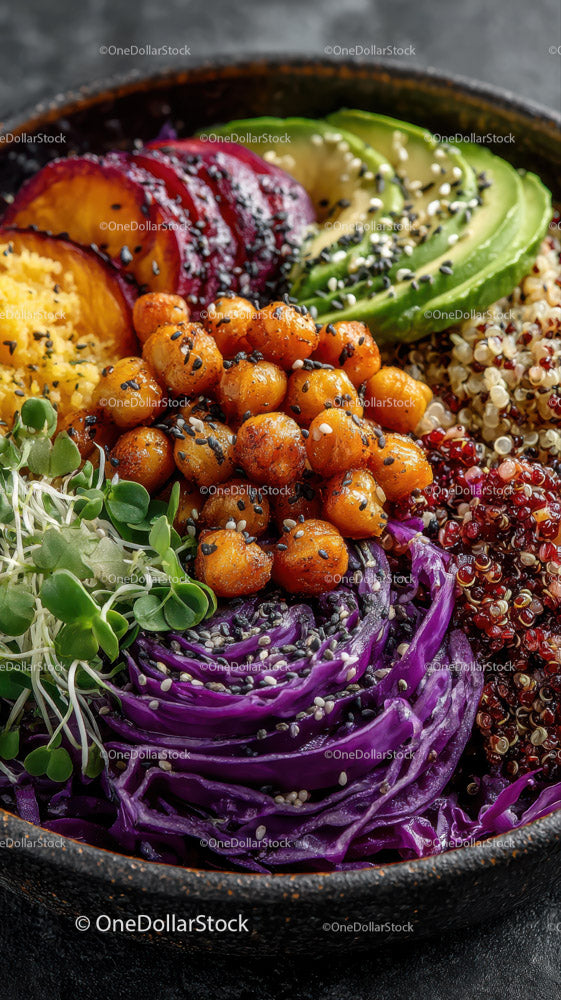 Colorful Vegan Bowl with Avocado Cucumber and Roasted Chickpeas