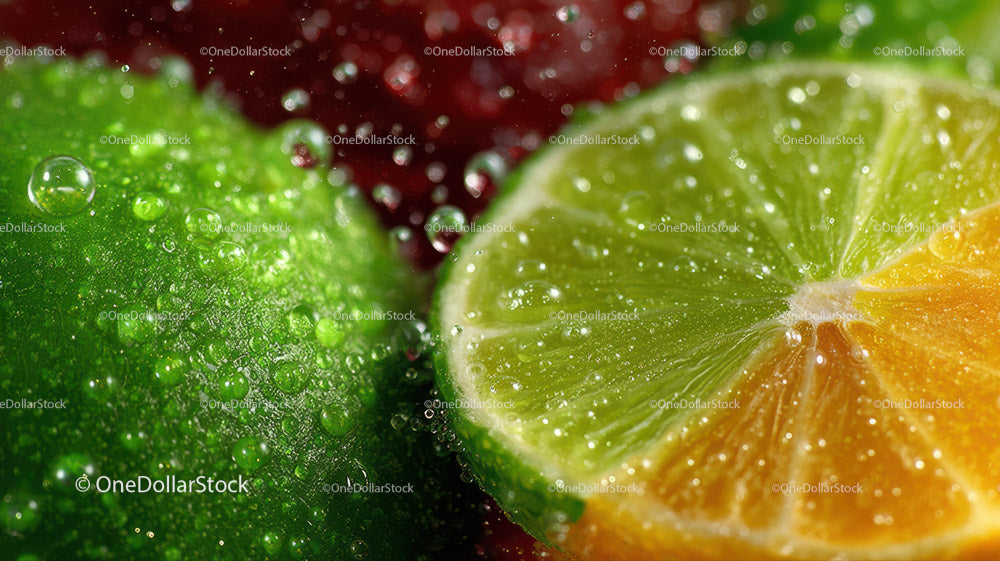 Zbliżenie soczystej limonki i plasterków cytrusów z kroplami wody