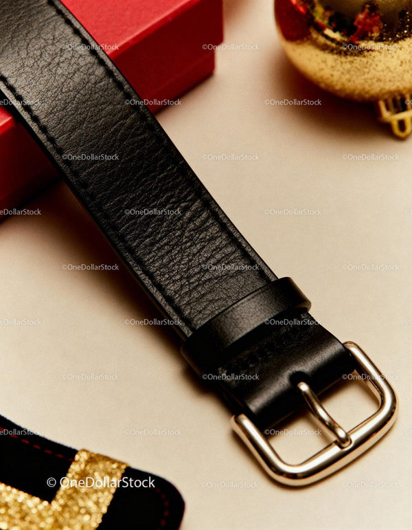 Close-up of black leather belt with silver buckle