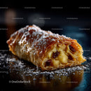 Delicious Apple Strudel with Cranberries and Powdered Sugar on Dark Surface