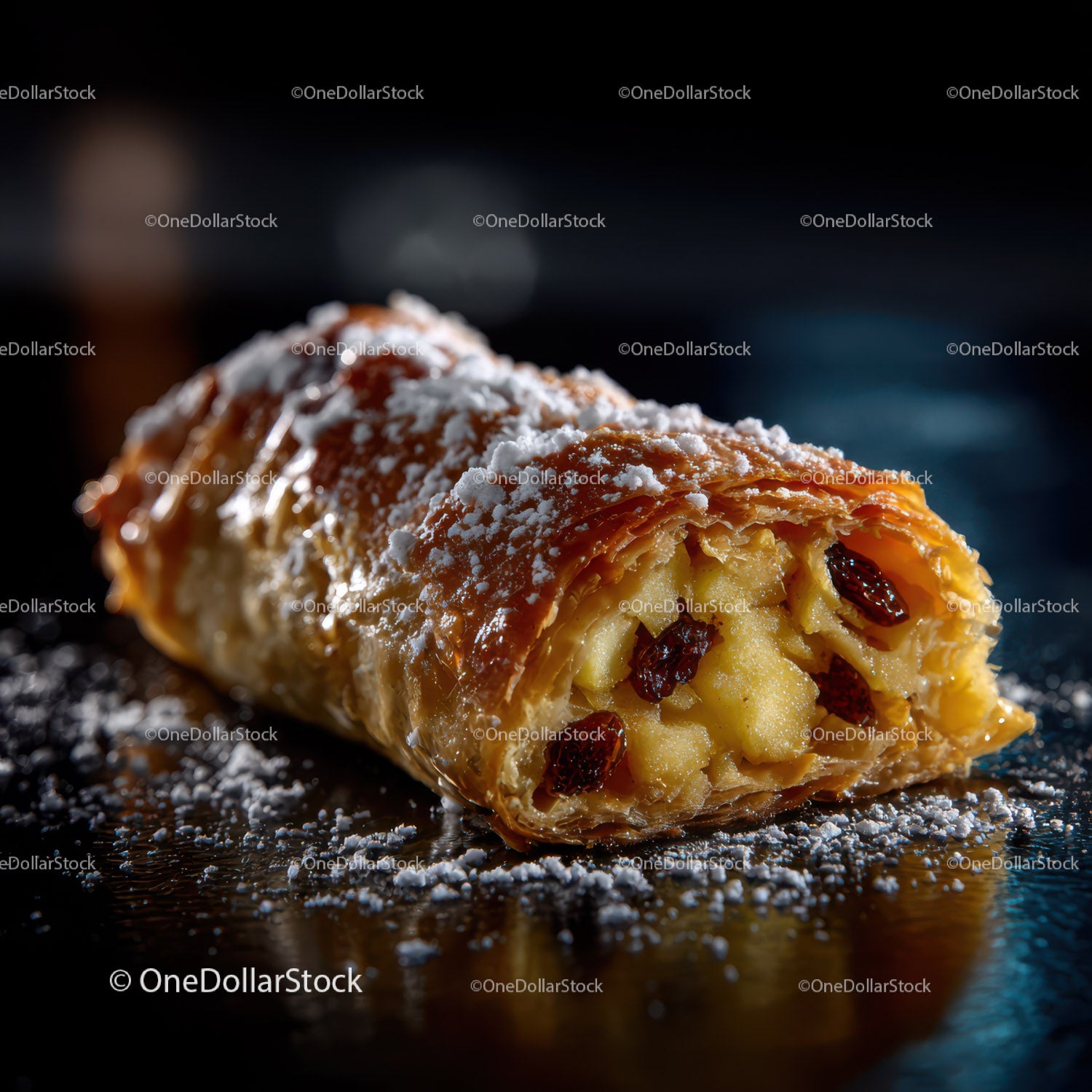 Pyszny strudel jabłkowy z żurawiną i cukrem pudrem na ciemnej powierzchni