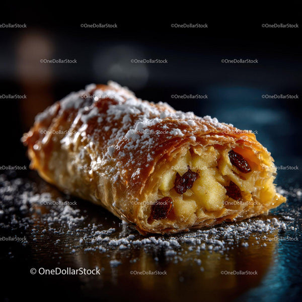 Delicious Apple Strudel with Cranberries and Powdered Sugar on Dark Surface