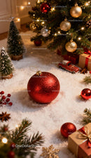 Festive Christmas decorations with red baubles and gifts