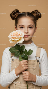 Child Holding Pink Rose with Innocent Expression in Studio Portrait