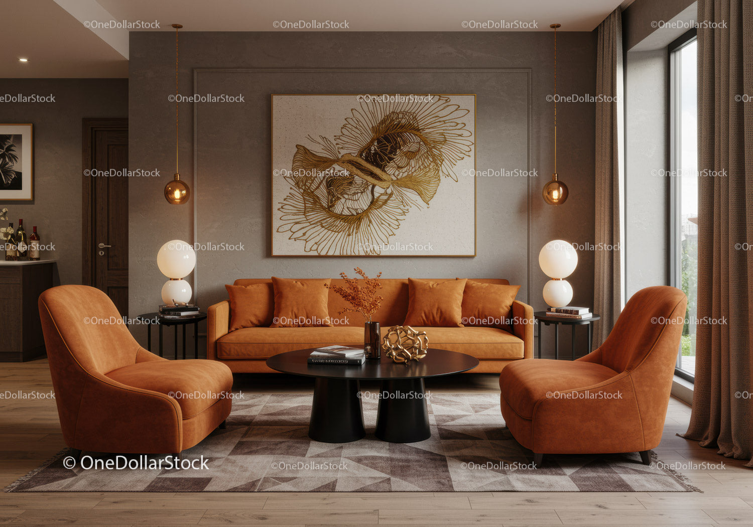 Cozy modern living room with warm orange seating