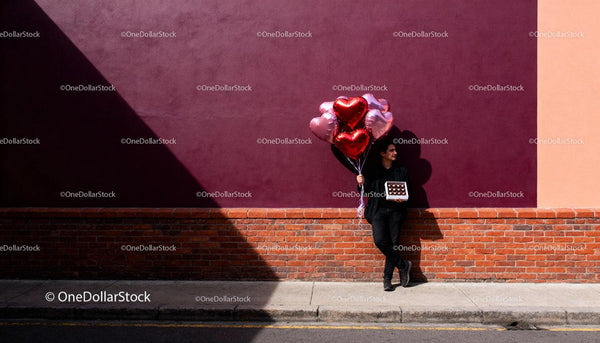 Man holding heart balloons and chocolates on city street