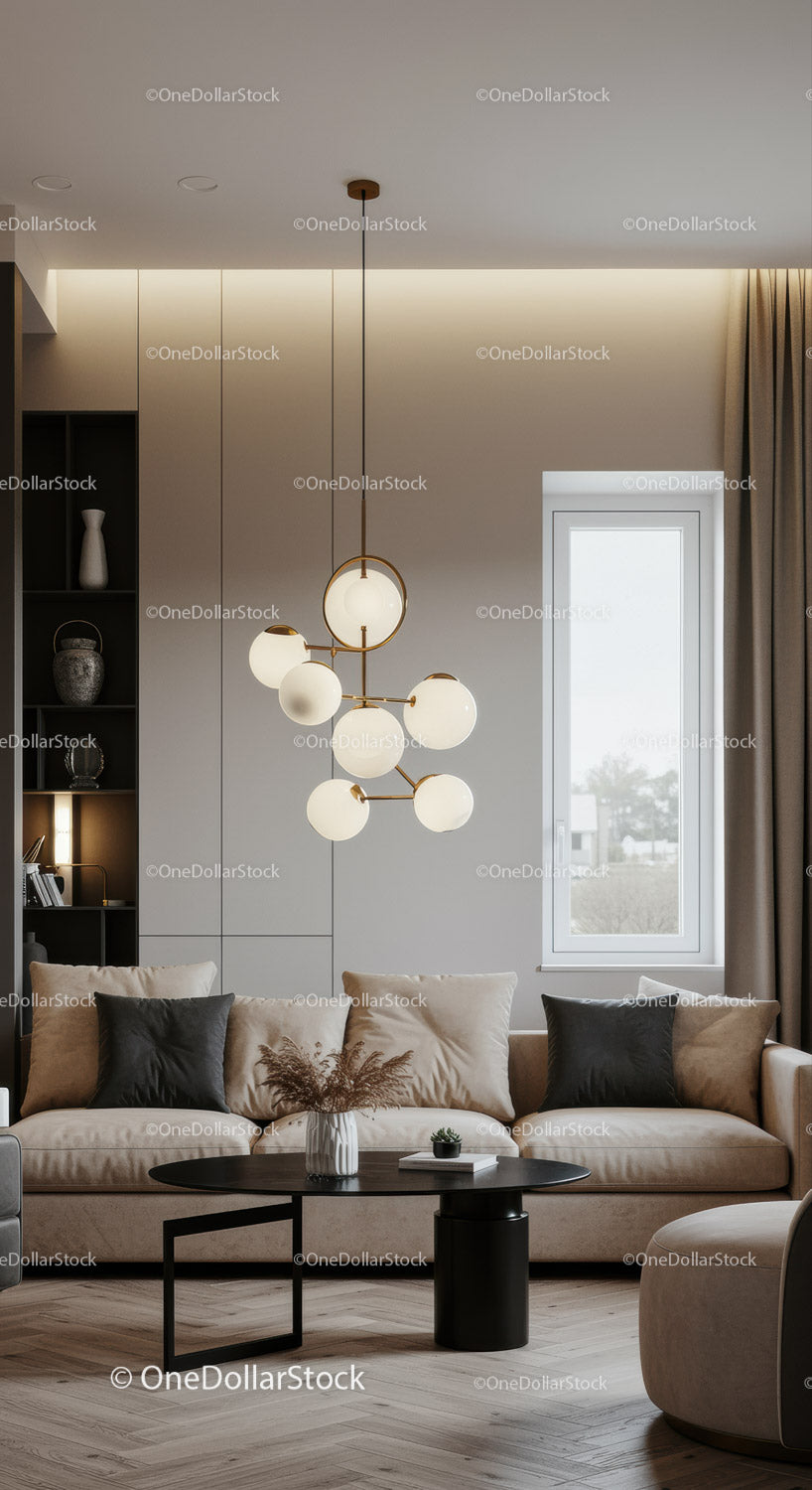 Elegancki, nowoczesny salon z minimalistycznym wystrojem i stylowym oświetleniem