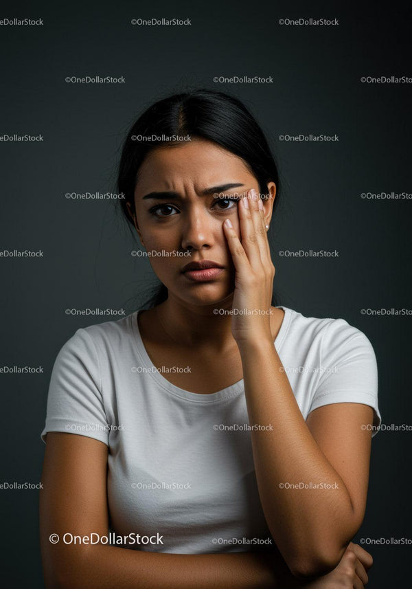 Concerned Young Woman with Hand on Face Showing Emotional Distress