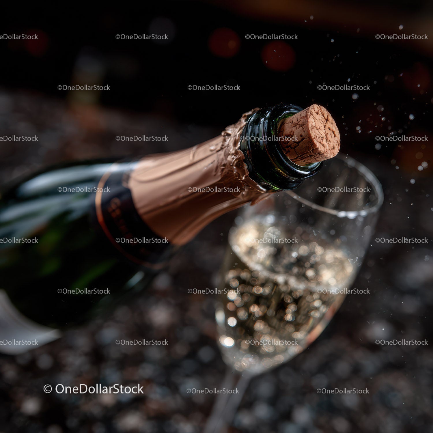 Champagne Bottle with Cork Popping and Bubbles in a Glass