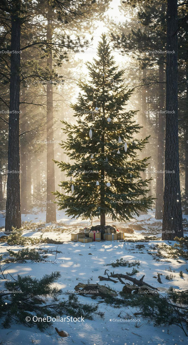 Christmas tree with gifts in snowy forest sunlight
