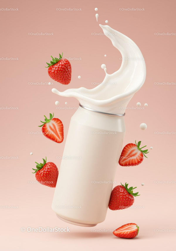 Refreshing strawberry cream splash with milk can JPG Mockup Image