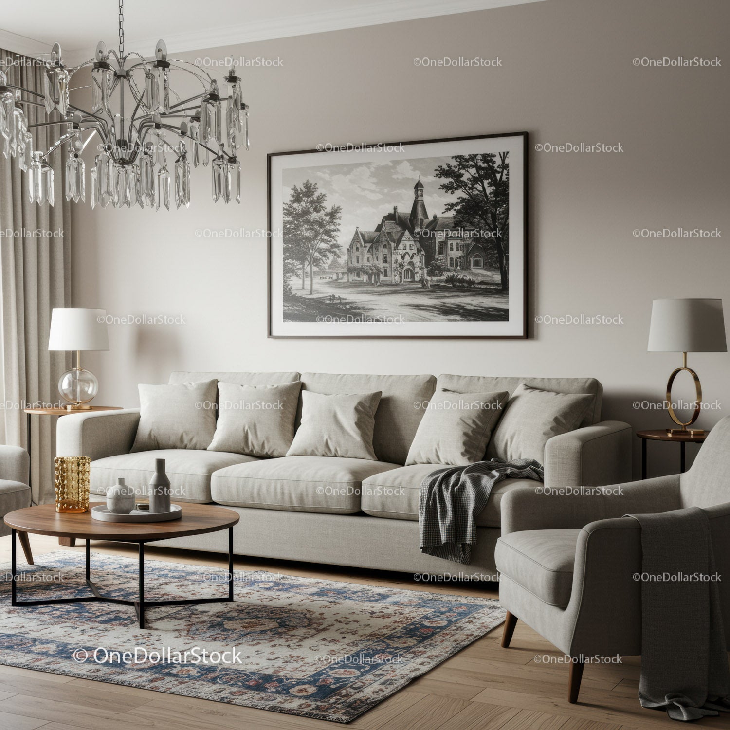 Elegant Living Room with Neutral Decor and Artistic Wall Frame