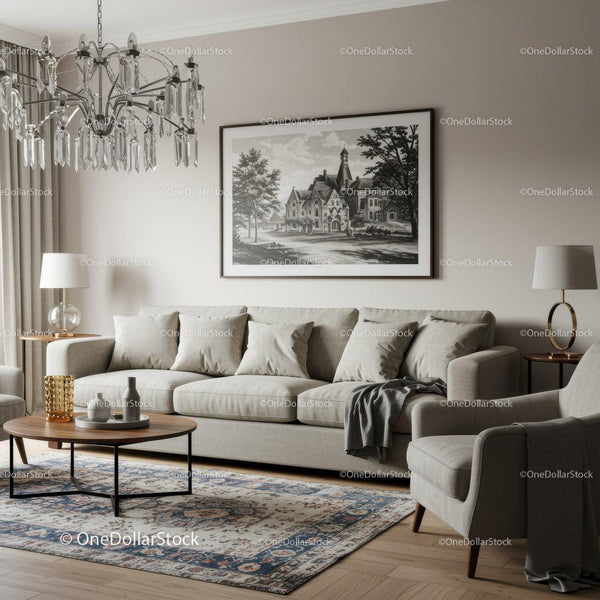 Elegant Living Room with Neutral Decor and Artistic Wall Frame