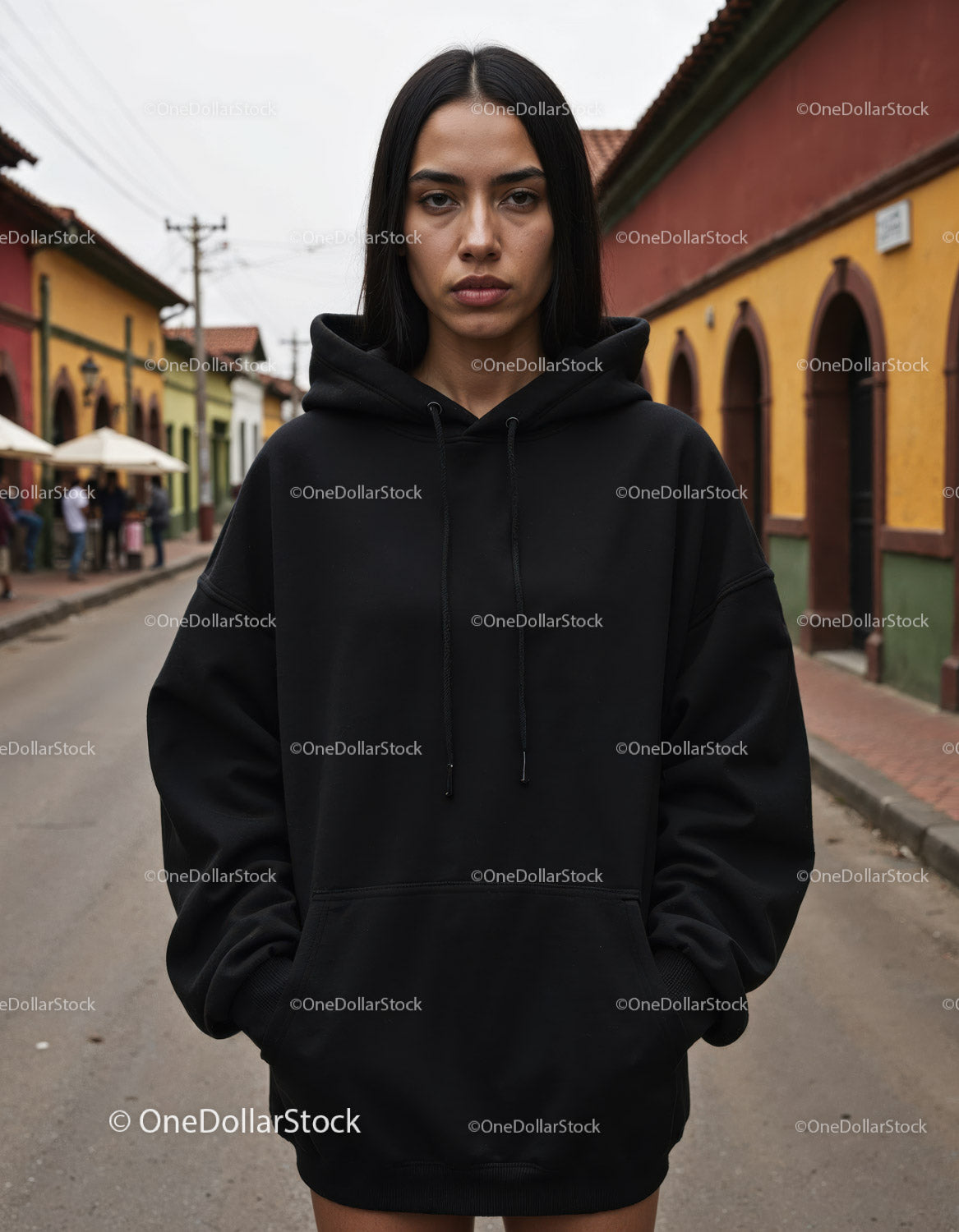 Fashionable Woman Wearing Black Hoodie in Urban City Street