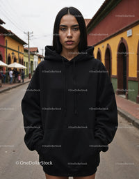 Fashionable Woman Wearing Black Hoodie in Urban City Street