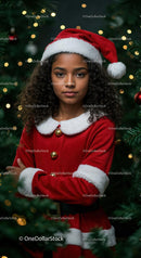 Young woman in Santa outfit surrounded by Christmas lights