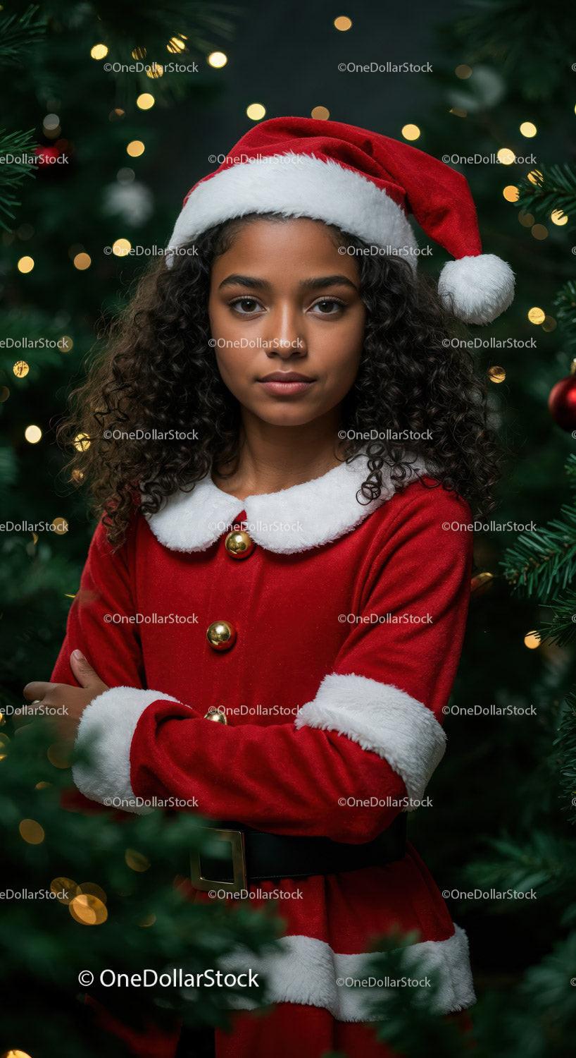 Young woman in Santa outfit surrounded by Christmas lights