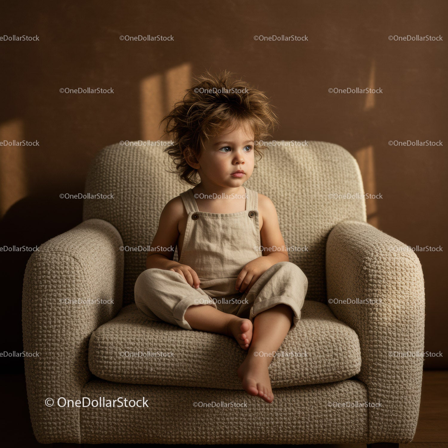 Thoughtful toddler sitting on beige textured armchair