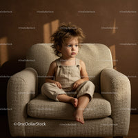 Thoughtful toddler sitting on beige textured armchair