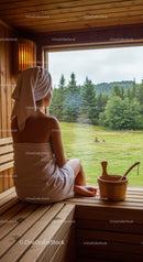Woman Sitting in Sauna with View of Forest and Green Landscape