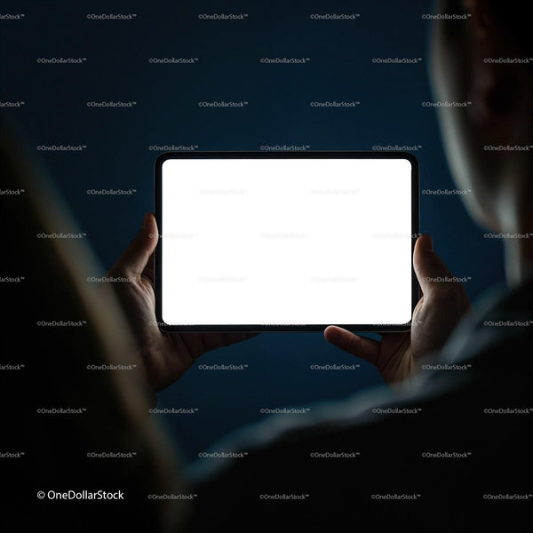 Person Holding Tablet with Bright Screen in Dark Room JPG Mockup Image