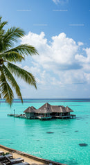 Overwater Bungalow Retreat with Palm Trees and Clear Blue Water