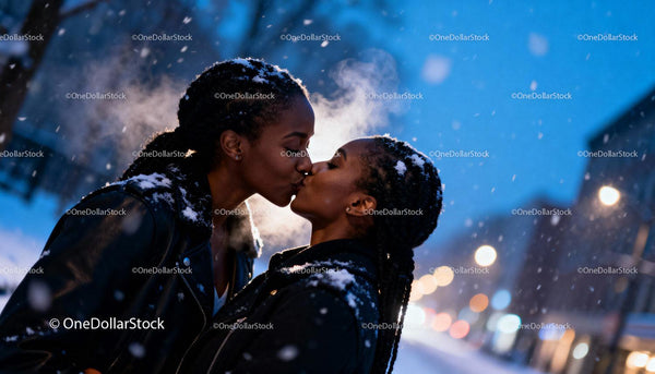 Two Women Sharing a Winter Kiss in Evening Snow