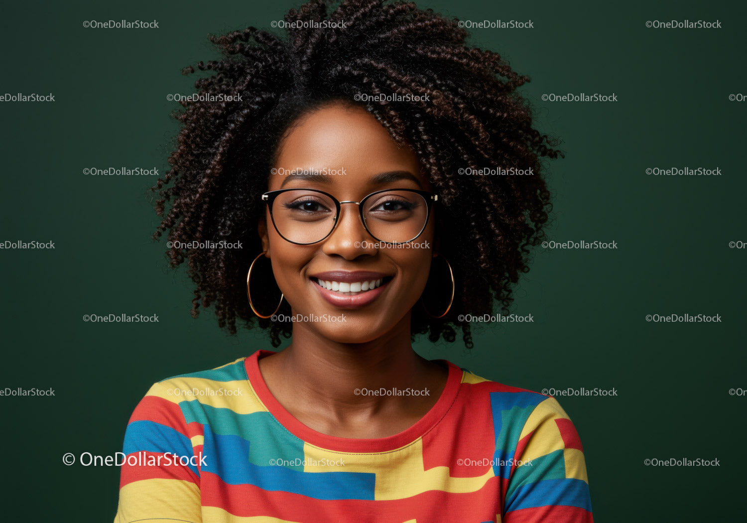 Smiling Woman with Afro Hair and Glasses in Bright Striped Shirt