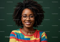 Smiling Woman with Afro Hair and Glasses in Bright Striped Shirt