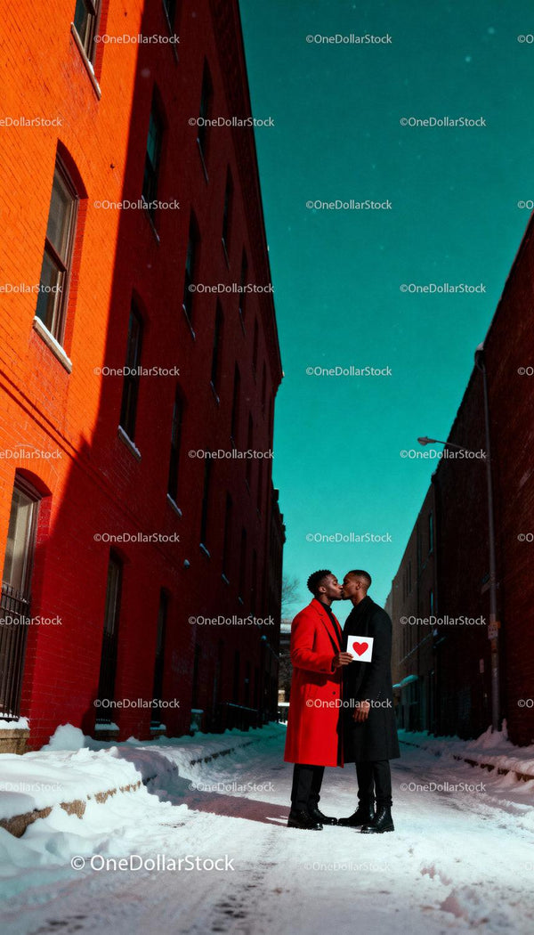 Couple sharing a tender kiss in snowy urban alley