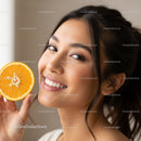 Joyful Woman Holding Fresh Orange with Bright Smile