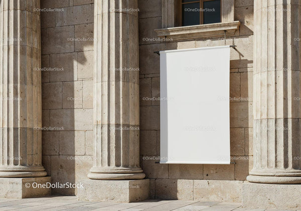 Blank white banner hanging on classical stone columns JPG Mockup Image