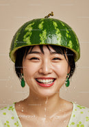 Smiling woman wearing watermelon helmet with water drops