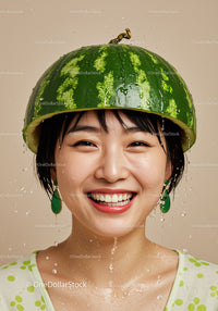 Smiling woman wearing watermelon helmet with water drops