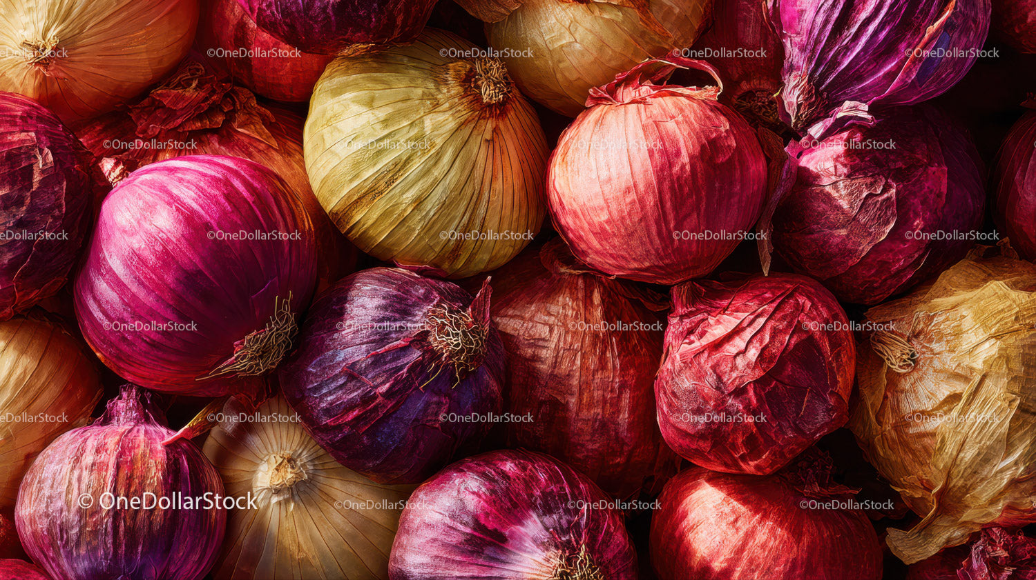 Assorted Red and Yellow Onion Bulbs in a Rustic Display