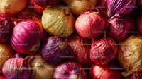 Assorted Red and Yellow Onion Bulbs in a Rustic Display