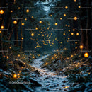 Enchanted forest path lit by warm glowing lanterns