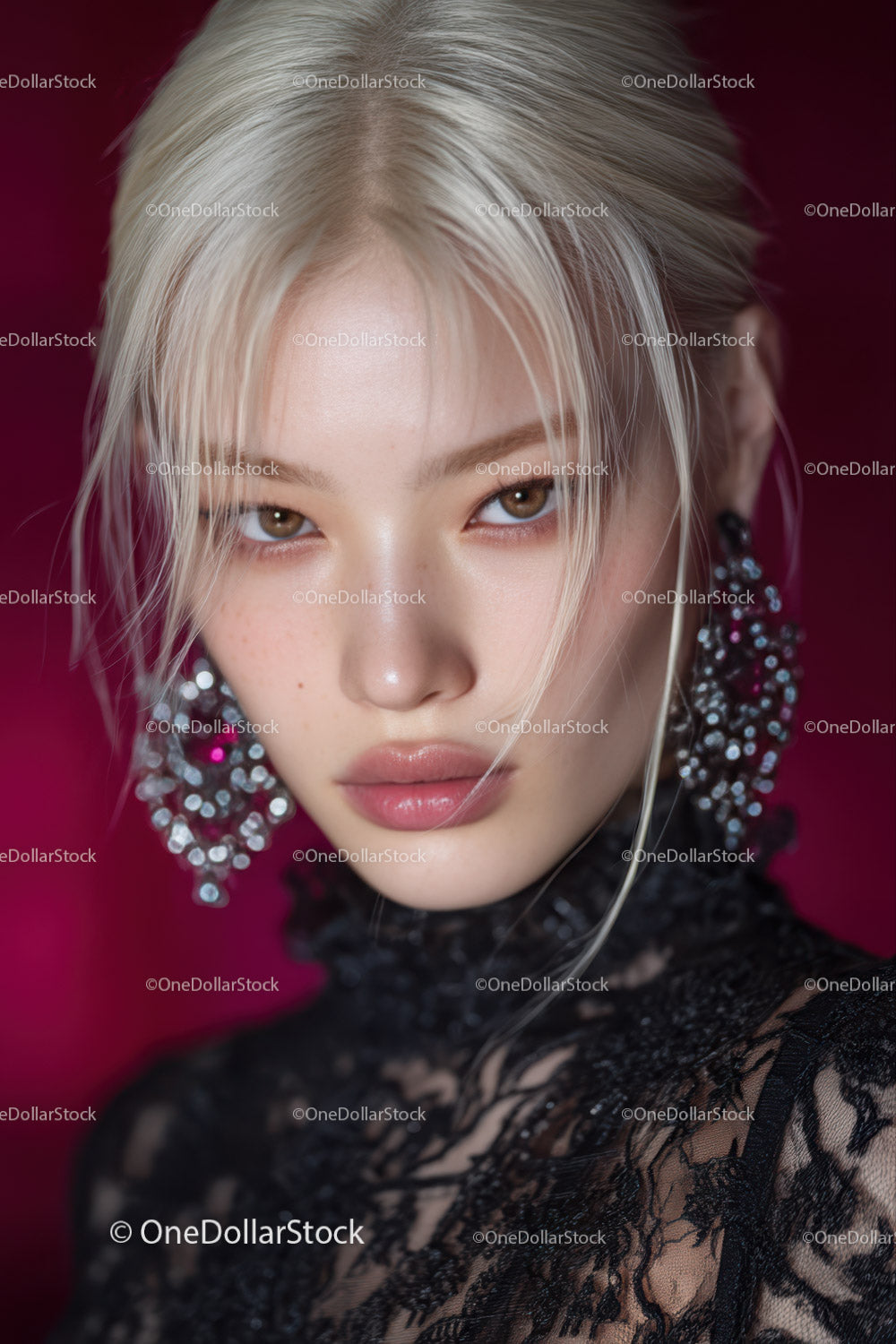 Elegancki portret młodej kobiety z blond włosami i koronkową bluzką