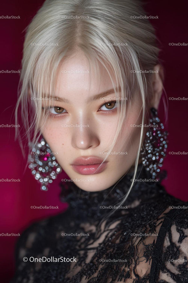 Elegancki Portret Modowy Młodej Kobiety z Blond Włosami i Koronkową Bluzką