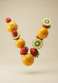 Floating fresh fruits arranged in vibrant letter V shape