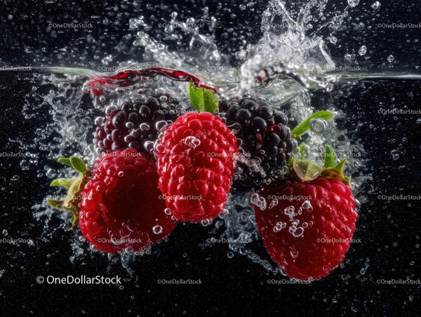 Raspberries and Blackberries Splashing Water Underwater with Bubbles