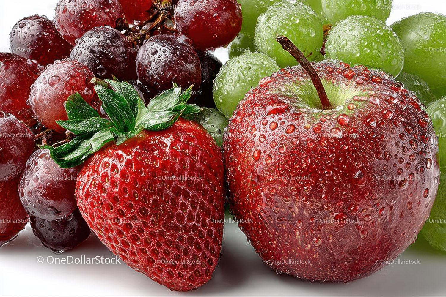 Fresh Strawberries and Green Grapes with Water Droplets