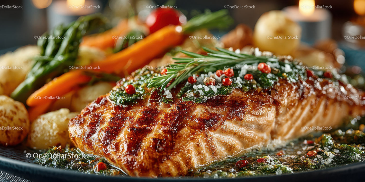 Wykwintny grillowany łosoś z pieczonymi warzywami i świeżymi ziołami