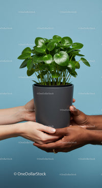 Hands holding green potted plant against blue background