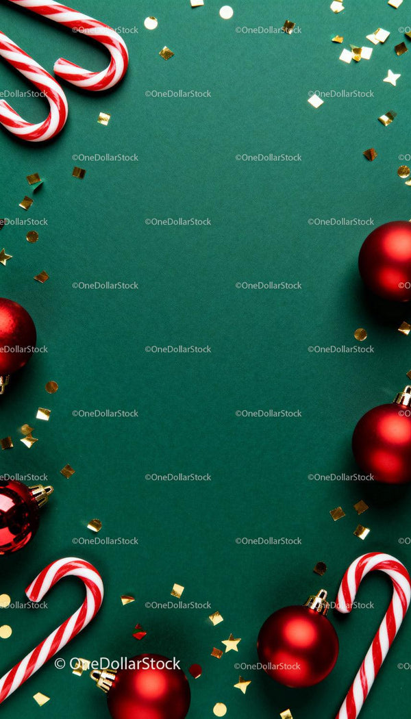 Festive red ornaments and candy canes on green background