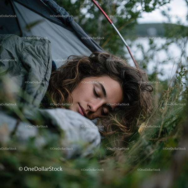 Young Woman Sleeping Peacefully in a Forest With Camping Tent