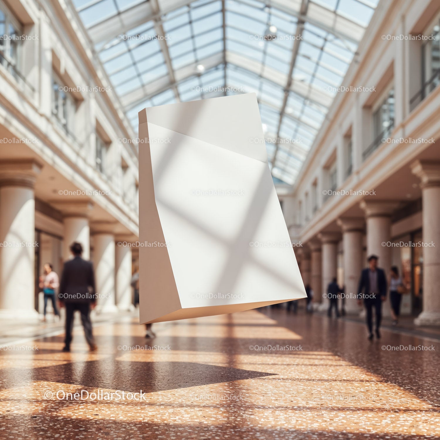 Blank white paper bag floating in modern shopping mall