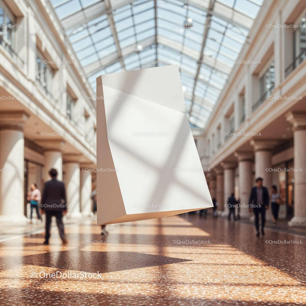 Blank white paper bag floating in modern shopping mall JPG Mockup Image