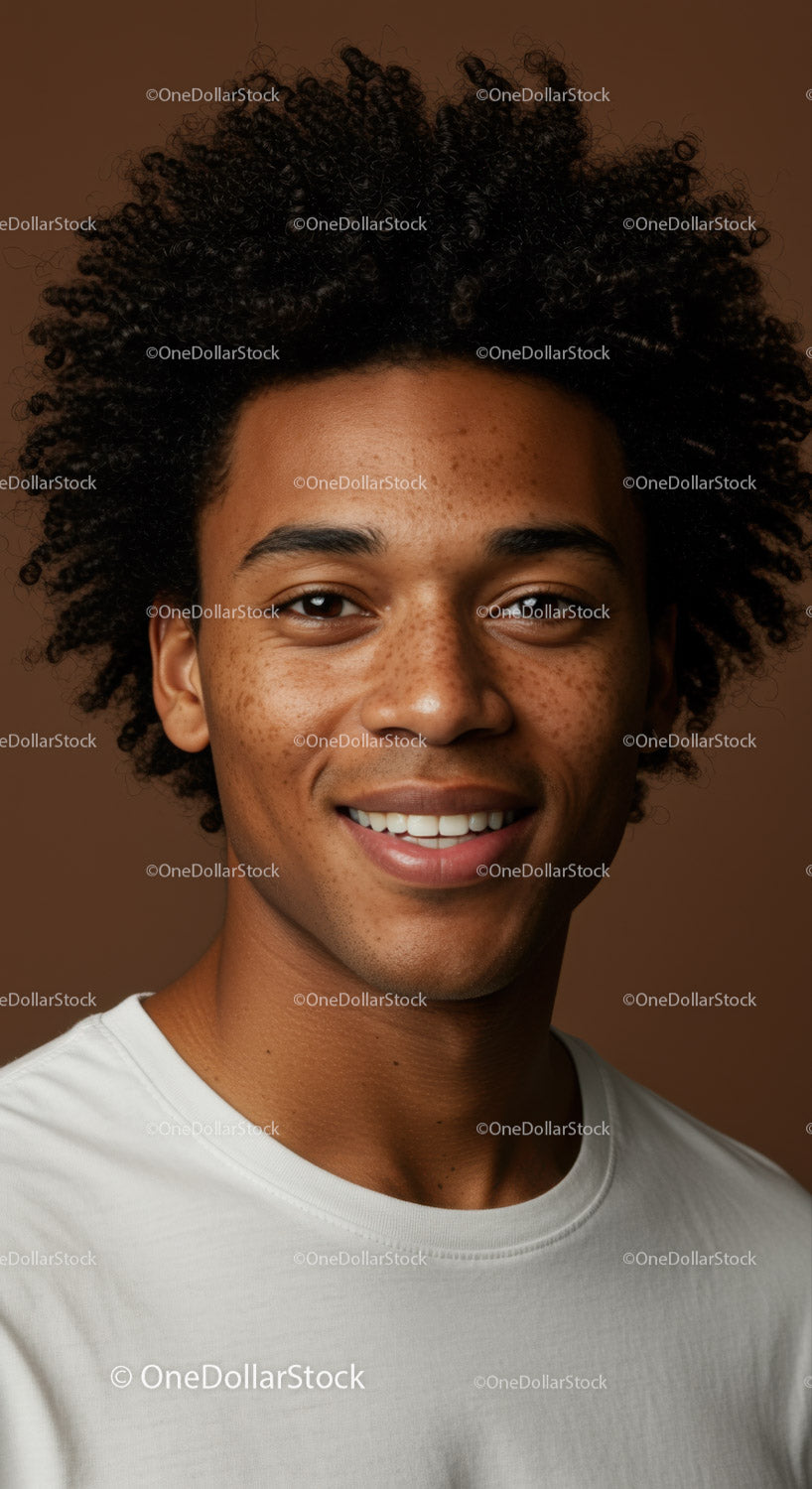 Close-Up of Smiling Man with Curly Hair and Freckled Skin